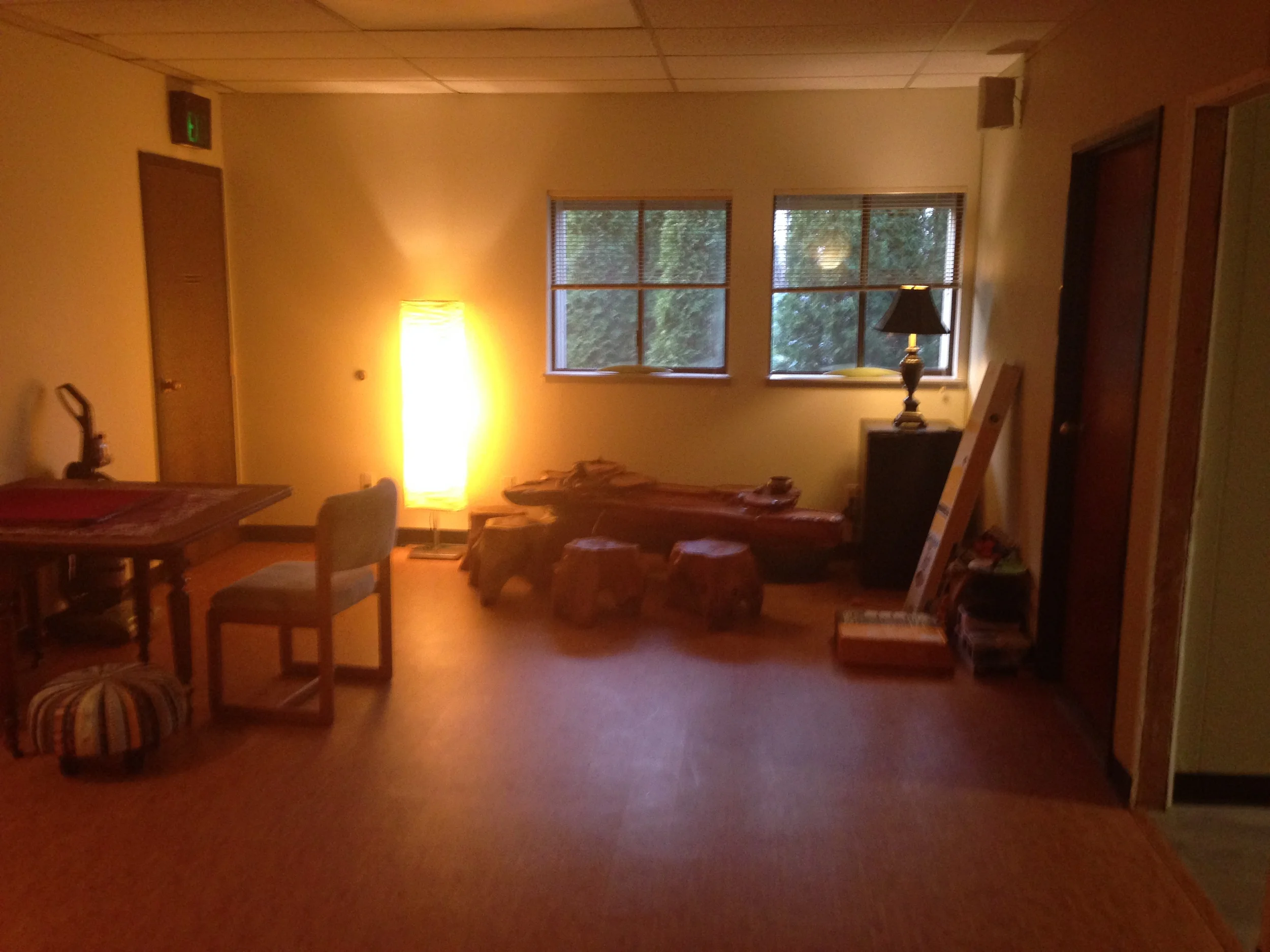 This photo is from inside the kitchen area, which is open to waiting clients. We hope to have a tea and water station for you soon!