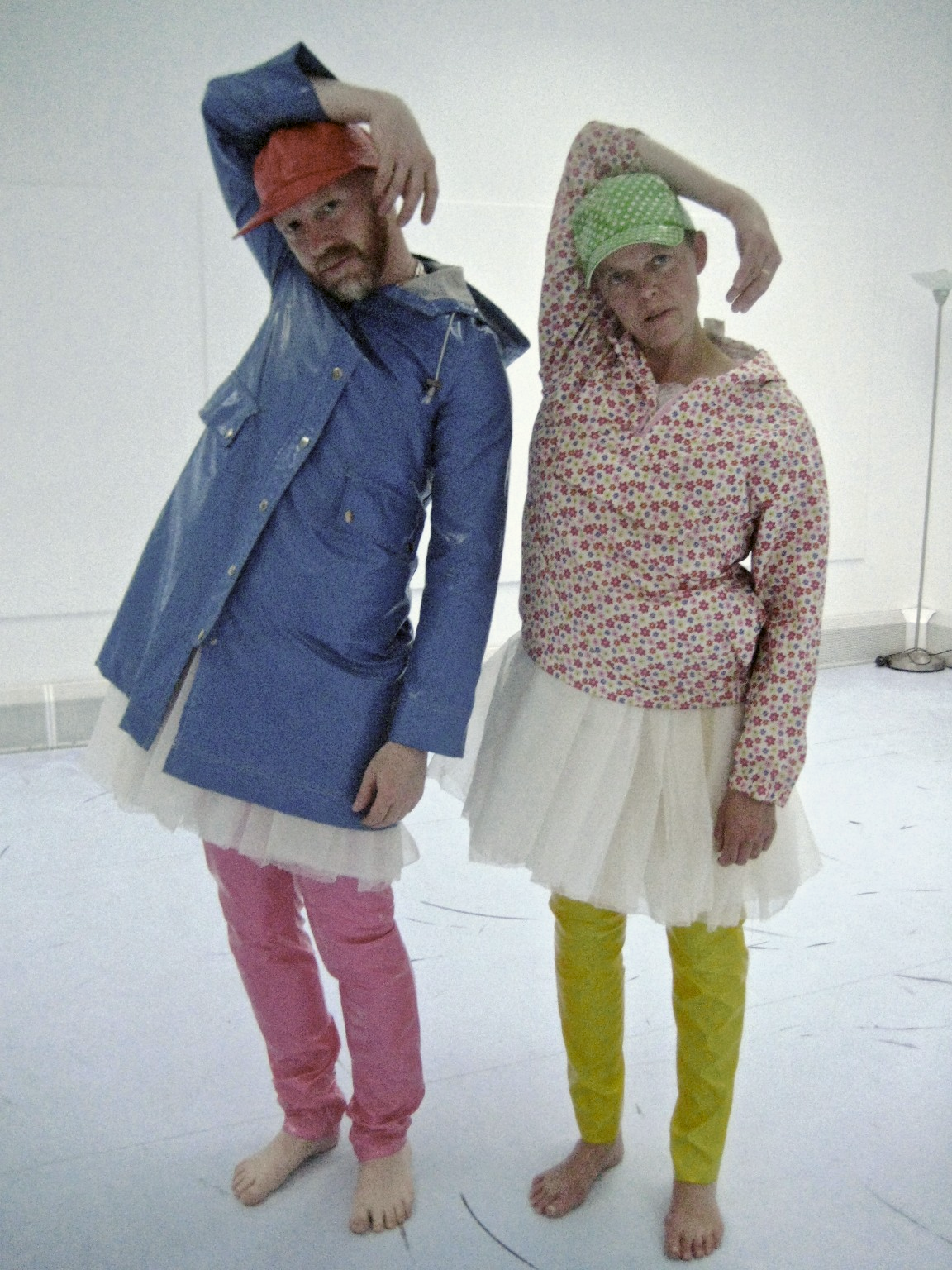 Andrew Barker and Kate Brown demonstrating 'swan' costumes.