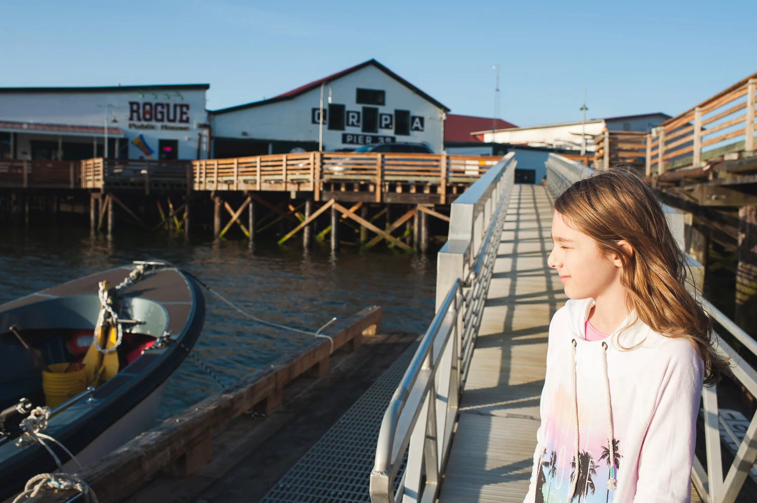 Britta admiring the view in the dock in Astoria, Oregon.