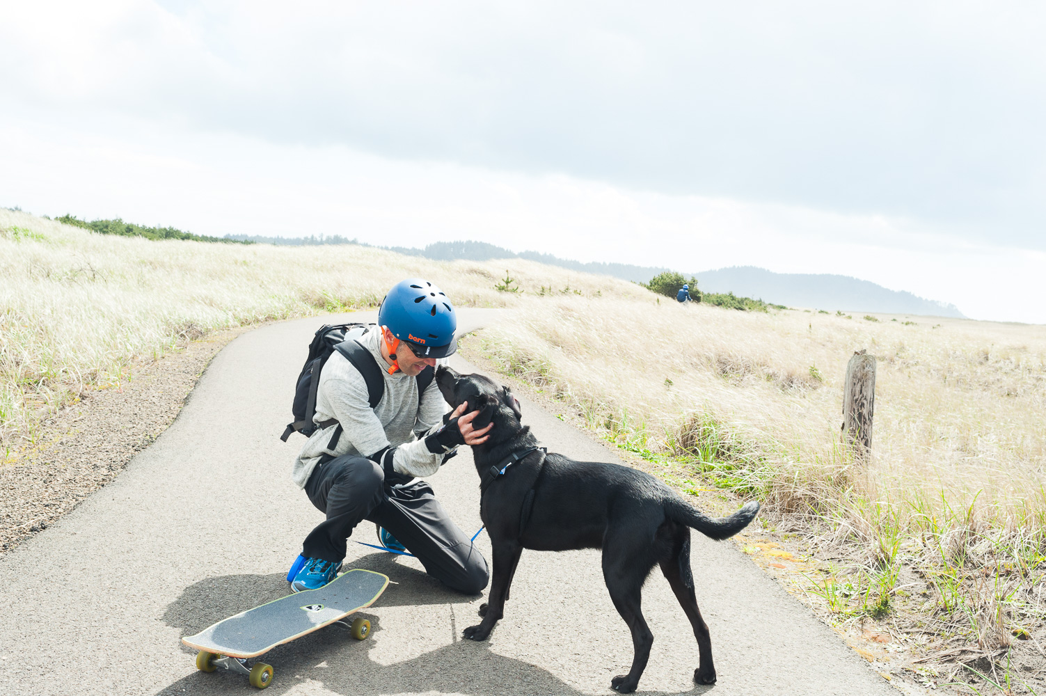 Andy thanking Blue for pulling him on the skateboard.