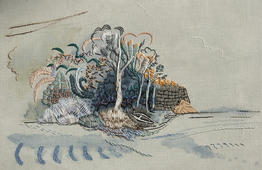 Susquehanna Isle, 2015, embroidery and acrylic on linen, 10 x 15 inches