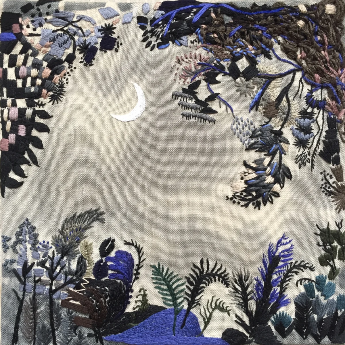 Looking Up , 2017, embroidery and acrylic on linen, 10 x 10 inches