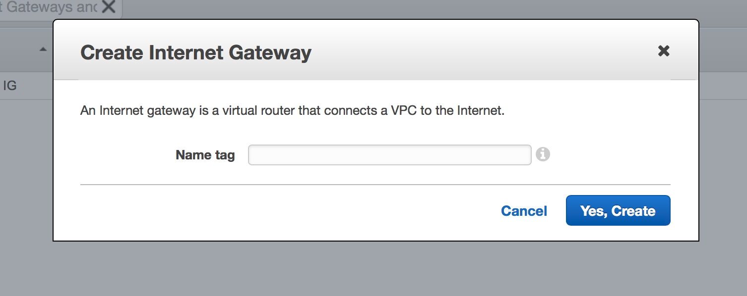 Creation menu on the internet gateway panel