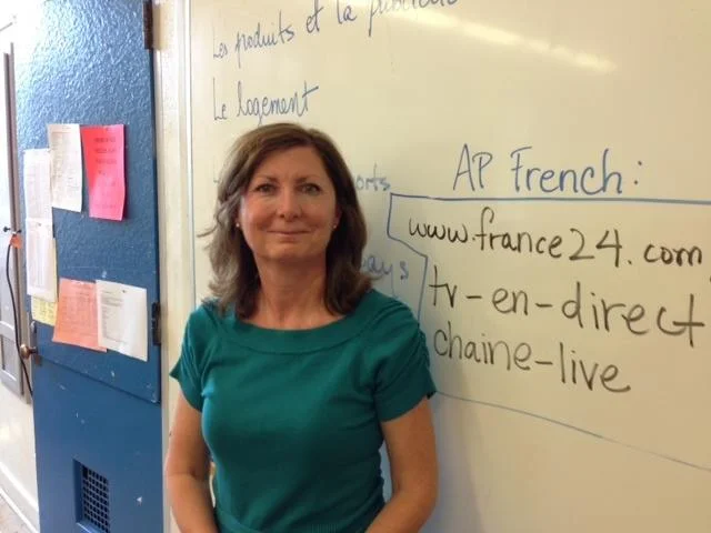 North Hollywood teacher and BD3 Tech Winner Phyllis Spadafora stands in front of her AP French Class.