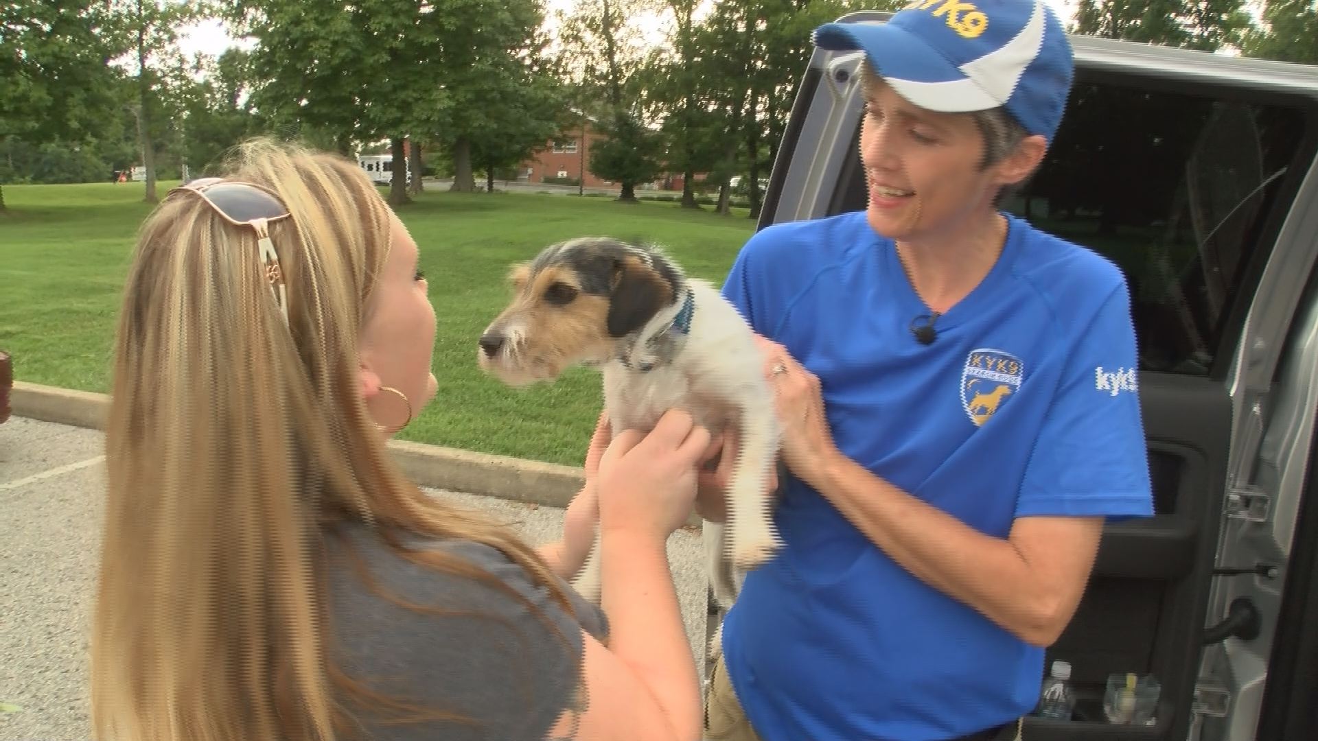 Cherish says hi to Pocket, who helped find her dad's remains.