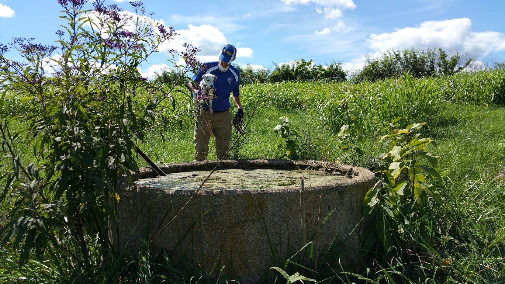 Scout checking out a cistern while searching for Bobby Jones and Crystal Warner