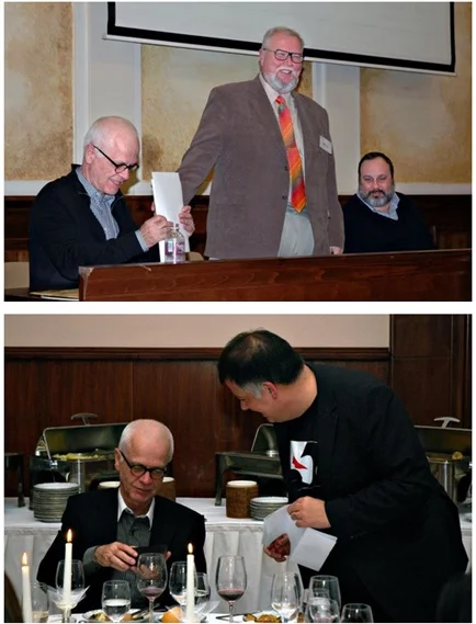 Top: Christian S.Nissen and professors Greg Ferrell Lowe (Incomming chairman of emma) and Robert G. Picard at the emma 2012 lecture. Buttom: The outgoing emma chairman Charles Brown presents the emma award 2012