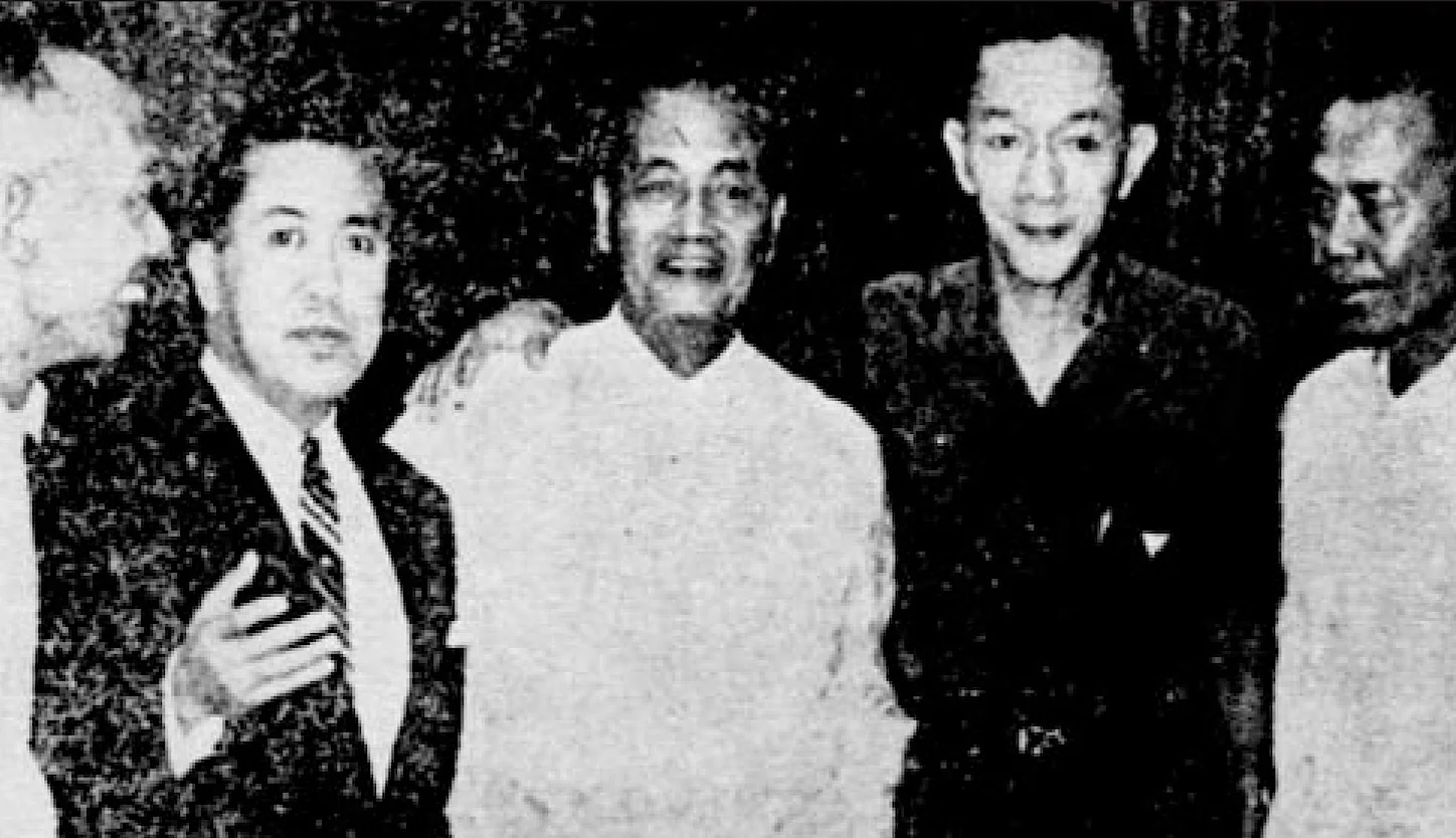 In 1964, twenty years after their war exploits, members of the Planet Party held a reunion in Manila. Left to right: Patricio Jorge, Villamor, Emilio Quinto, Delfin YuHuico and Dominador Malic. Rodolfo Ignacio was in the U.S.