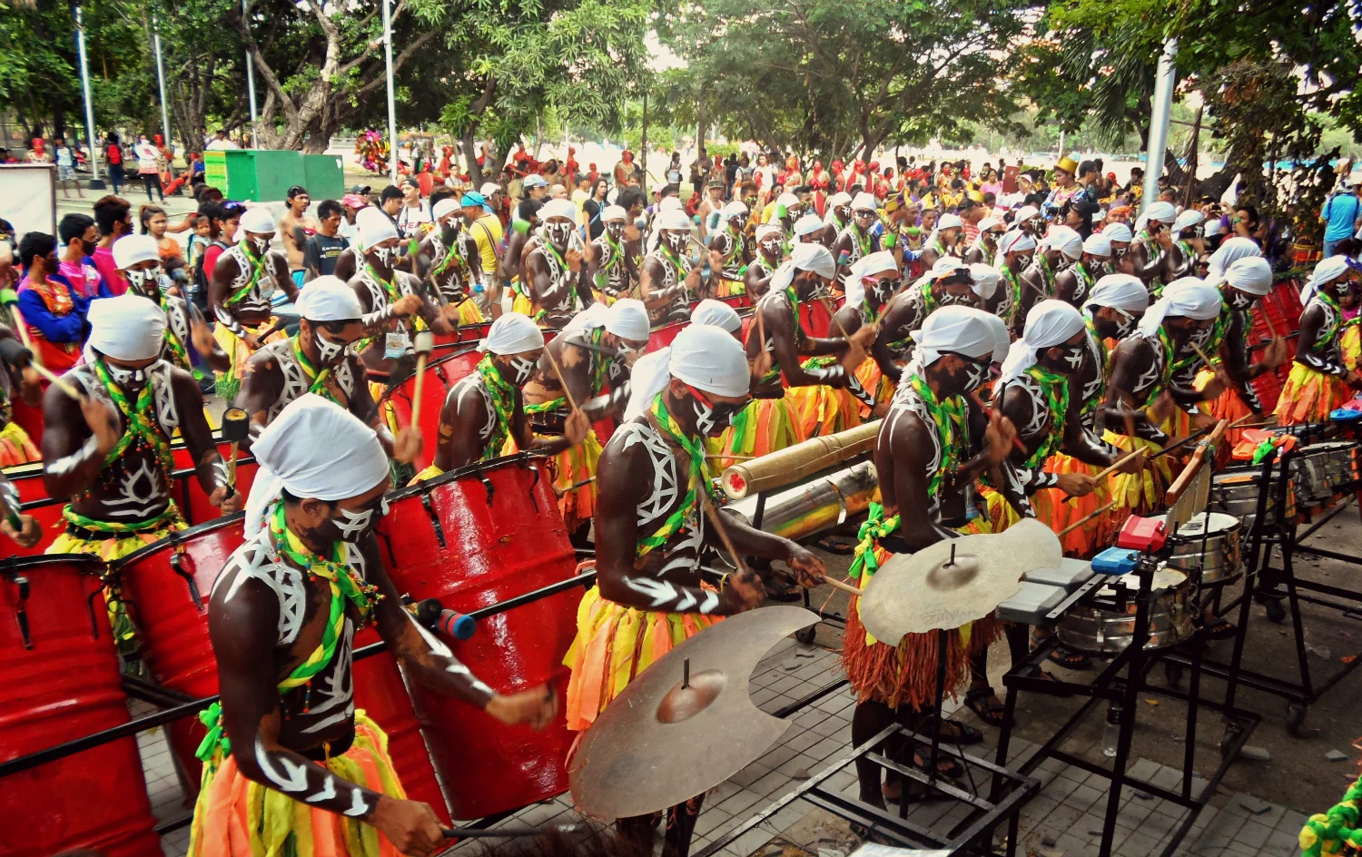 Body-painted drummers from Iloilo City's Dinagyang Festival rehearse at Rizal Park before the Grand Parade on Roxas Boulevard (Photo by Migs Bassig)