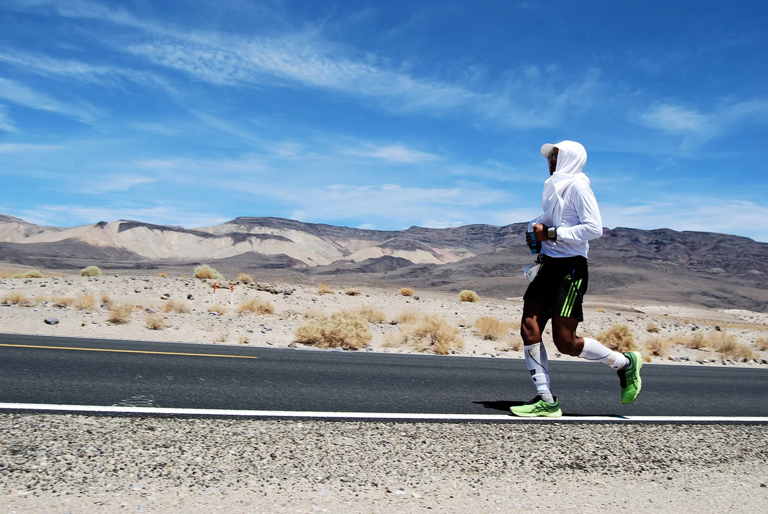 During the Badwater Ultramarathon in Death Valley, California, Ben Gaetos runs on the white line where it's not as hot.  (Photo courtesy of Ben Gaetos)