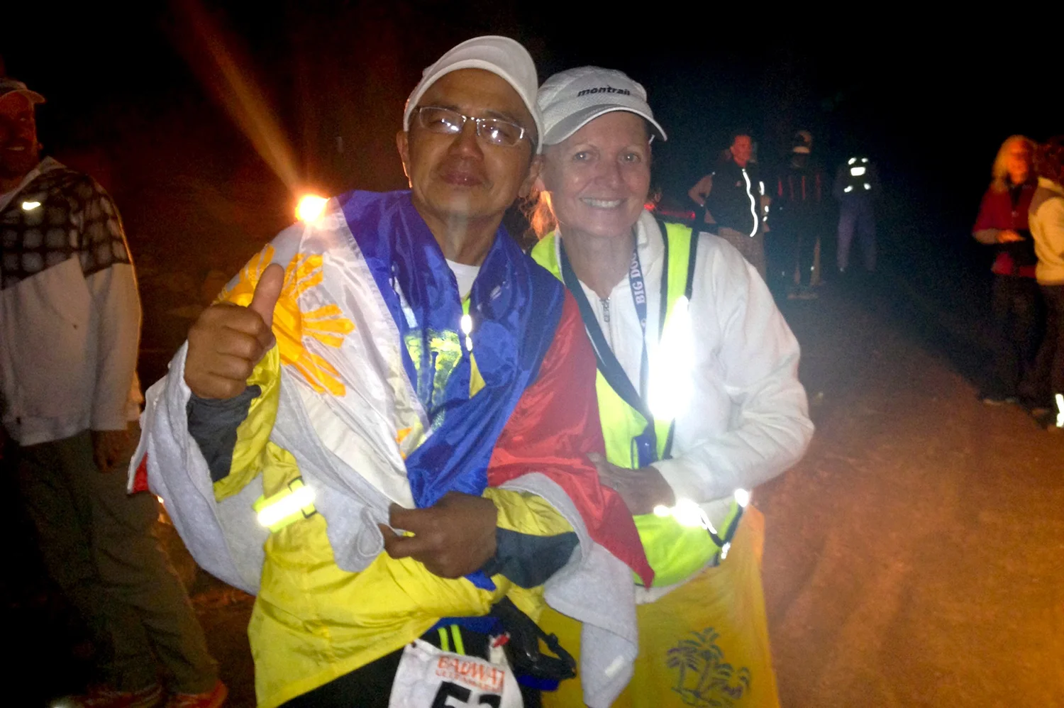 Gaetos at the finish line, with crew chief "Ultra Mom" Nancy Shura-Dervin  (Photo courtesy of Ben Gaetos)