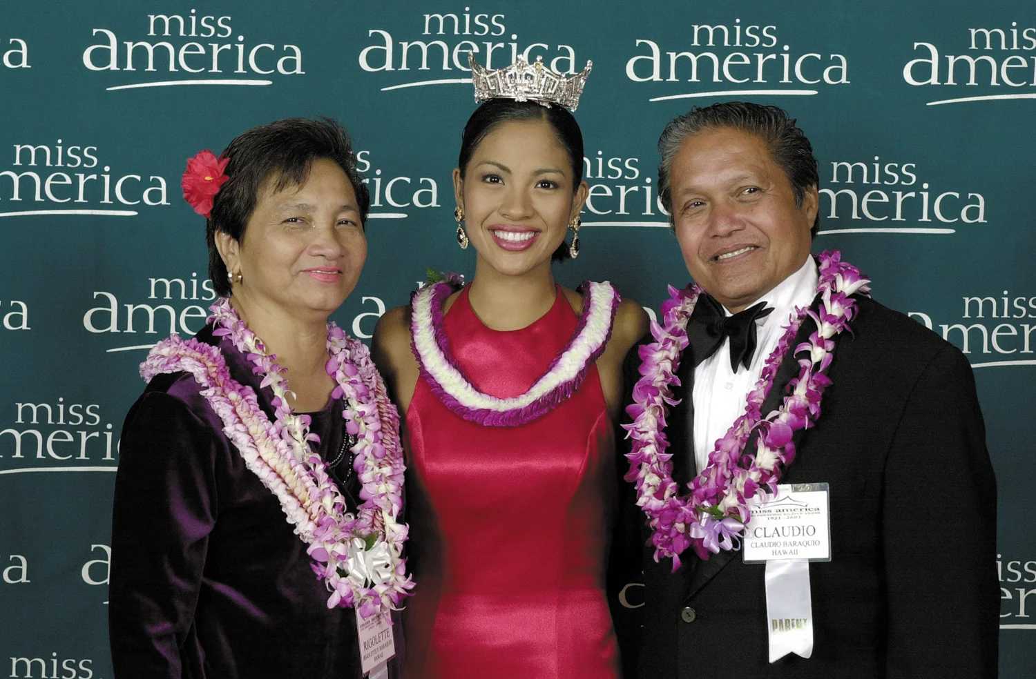 Miss America 2001 Angela Baraquio with her parents Rigolette and Claudio  (Source; Filipinas Magazine, April 2001, photo from Miss America Organization)