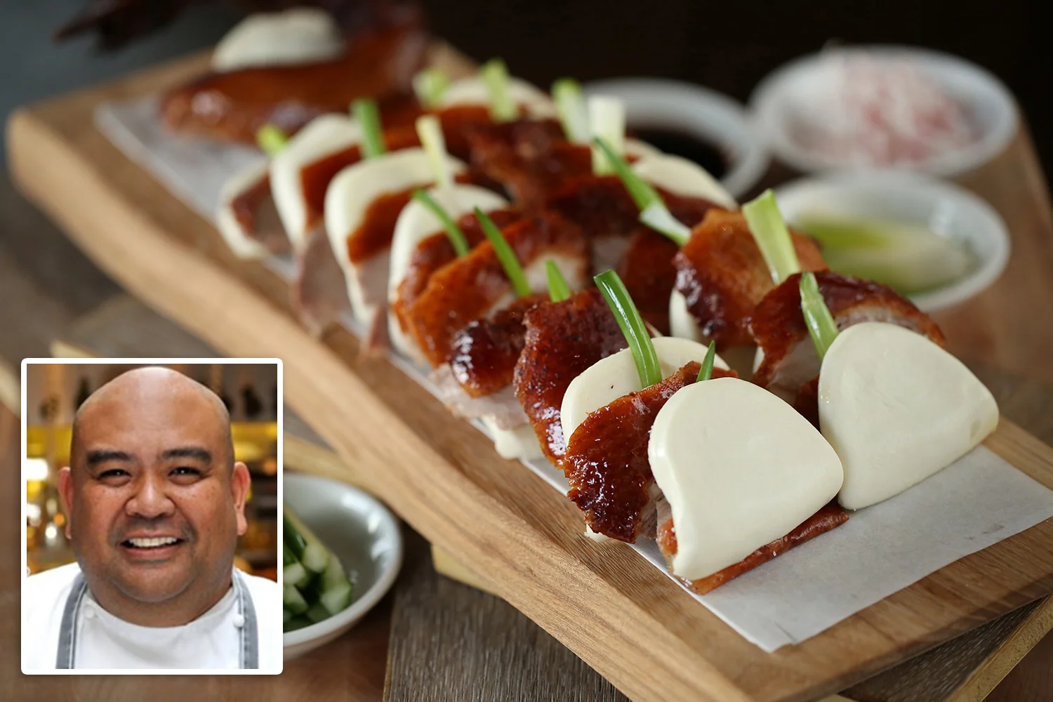 Inset: Chef Rodelio Aglibot (Photo by Intrestco). Top: Aglibot's Peking Duck in Buns (Photo by Kenny Kim).