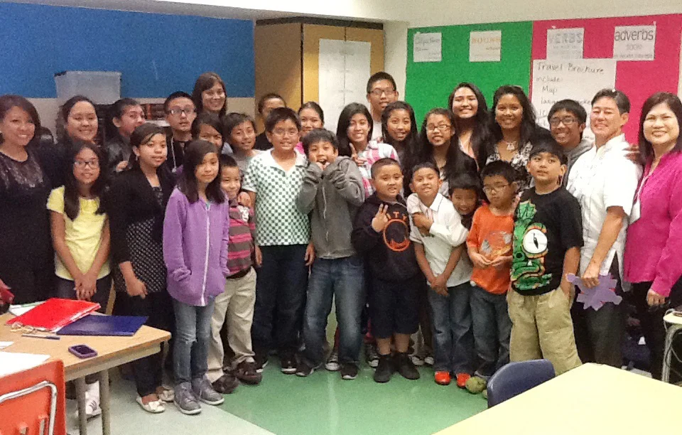 SF Mayor's Adviser on Education and Family Services Hydra Mendoza (4th from rght) is shown with 2013 campers and Ramar Foods President Susie Quesada (5th from left) Program Chairs Letty Quizon (far right) and Sonia Delen (far left). (Photo courtesy of UPAA-SF)
