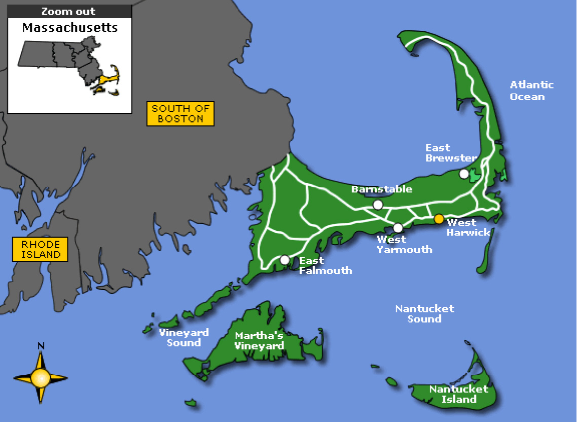 The Massachusetts mainland, Cape Cod (the arm curling up), Martha's Vineyard and Nantucket Island (lower right). (Source: Massachusetts Tourism Information)