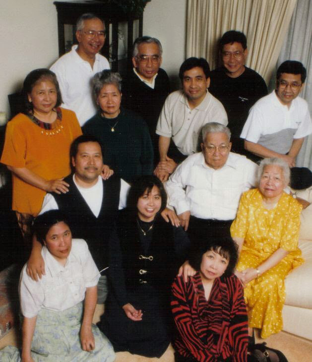 The author's maternal grandparents, Marcelo and Victoria Mangalindan, with their 11 children. Taken in Santa Clara, California on Marcelo's 87th birthday. Marcelo was a great-nephew of nationalist Felipe Buencamino and film producer Narcisa Buencamino-de Leon. The surname Mangalindan was derived from "Magaling na Daan/Good Road" and was later Hispanicized into Buencamino. Marcelo was a lawyer and bureau chief of the Philippines' Internal Revenue. He staunchly fought against corruption while in office. He and his family immigrated to the US in the 1970s. (Photo courtesy of Aileen Ibardolaza-Cassinetto)