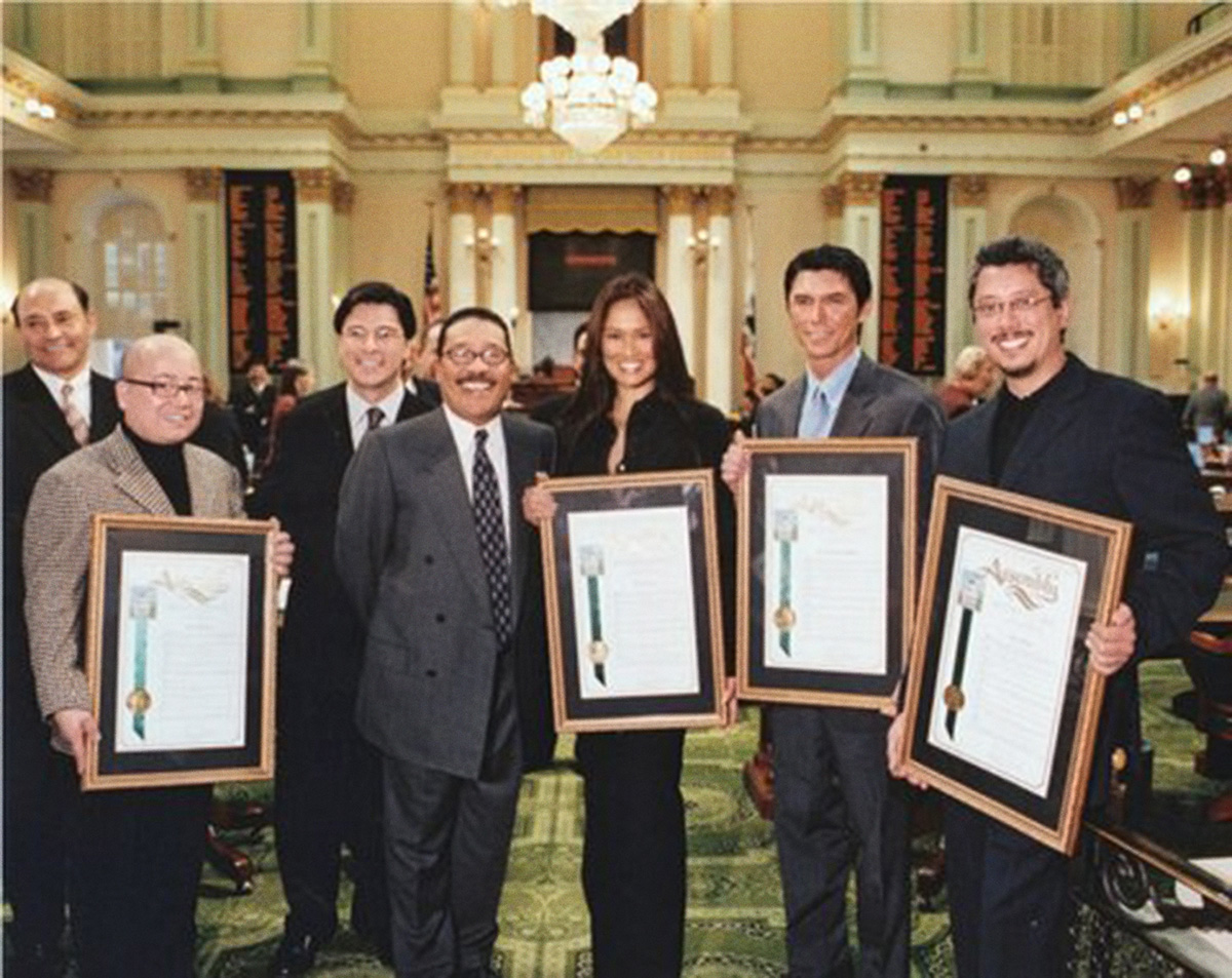 Fritz Friedman, Congressman Xavier Becerra, actress Tia Carrere, Los Angeles City Council President Herb Wesson, actor Lou Diamond Philips, and producer Dean Devlin at the California State Assembly (Photo courtesy of Fritz Friedman)