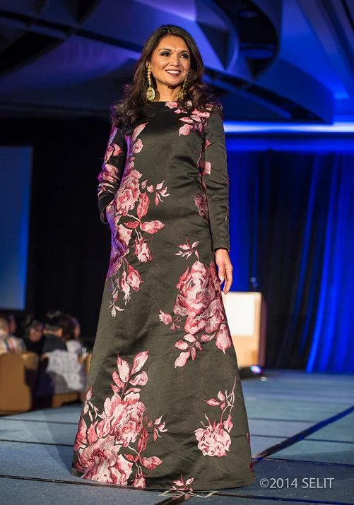 Black with merlot and white floral pattern long sleeve modified A-line long gown (Photo by Selit Rapadas / UNIT ONE Photography Studio )