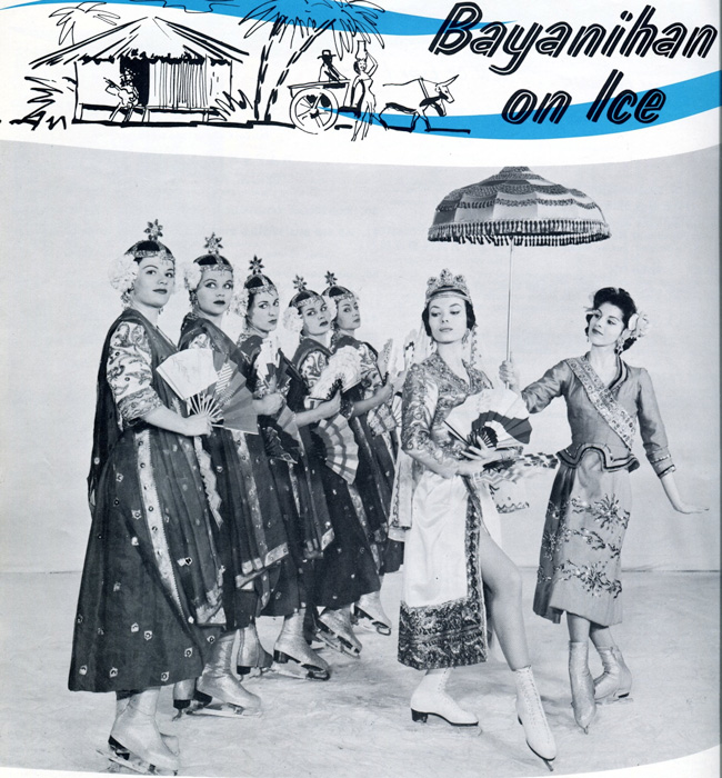 Singkil on the rocks, danced by Caucasian skaters. Cover of the souvenir program, “Ice Capades” 1961. Would the Abu Sayaf have approved? The Philippine Dance suite, premiered in Atlantic City, New Jersey in September 1961 and toured the USA that season. (Photo courtesy of “Ice Capades”) 