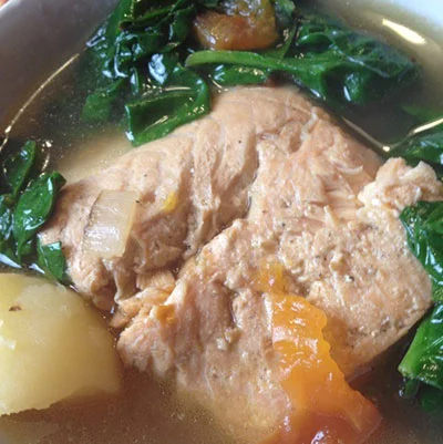 The Happy Home Cook: Pesang Salmon: Filipino Fish Stew in Ginger Broth with Tomatoes and Spinach