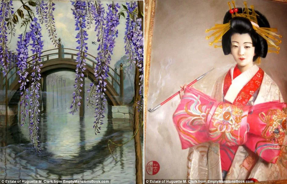 Two paintings by the rich and talented Huguette Clark. While they may never reach the zenith of French Impressionist works, these oil paintings show that Clark was not merely a rich, purposeless woman. She also had an enduring fascination with Japanese things and culture all her life—manifested by these paintings, her Japanese antique dolls, miniature house and temples collection which will reside at the Bellosguardo estate in Santa Barbara, California. (Source: Huguette Clark estate and  www.emptymansionsbook.com )&nbsp;
