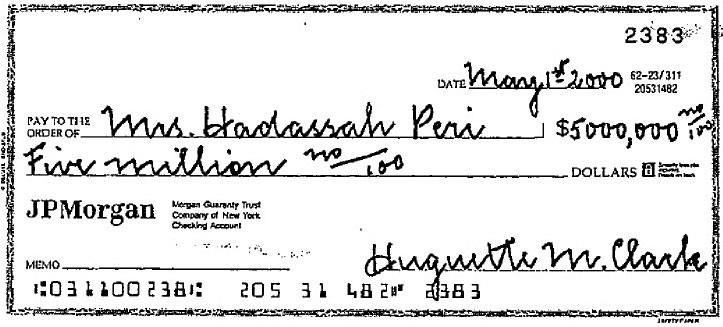 The uncashed $5 million check which Hadassah held in abeyance but was forced to relinquish in the final settlement of Clark’s estate. (Source: Surrogate Court of New York)&nbsp;