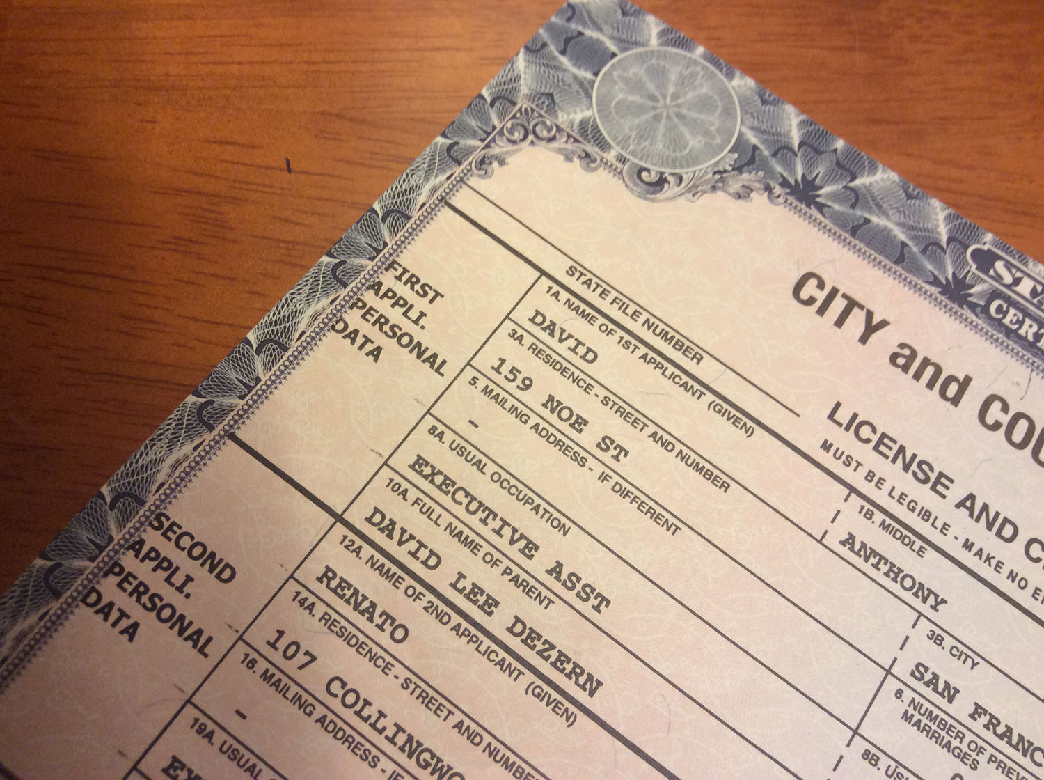 Rene Astudillo and David Anthony Dezern's marriage license (Photo by Rene Astudillo)