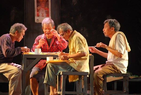 As Sotero. Revival of Hiblang Abo, for the Ruby Anniversary Celebration of Gantimpala Theater Foundation (GTF, formerly Bulwagang Gantimpala), 2009. Directed by Tony Espejo. From left: Lou Veloso, Ces Aldaba, Dante Balois, Bodjie Pascua. (Photo courtesy of Bodjie Pascua).