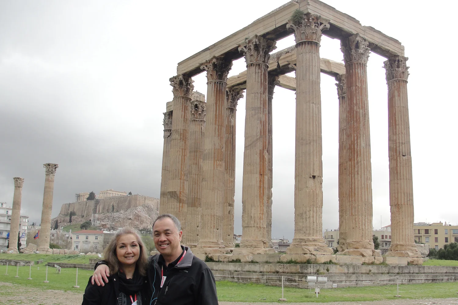 The author and photographer view the Parthenon atop the Acropolis from the Temple of Zeus in downtown Athens. (Photo by M. Z. Moreno)