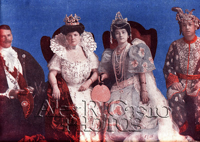 A composite picture of the two Manila Carnival Queens of 1908 and their respective escorts: left to right, Capt. George T. Langhorne (King of the Occident), Marjorie Colton (Queen of the Occident), Pura Villanueva (Queen of the Orient) and Manuel Gomez (King of the Orient). The double titles were discontinued in 1909, leaving only the Filipina Carnival Queen. (Photo courtesy of Alex R. Castro)