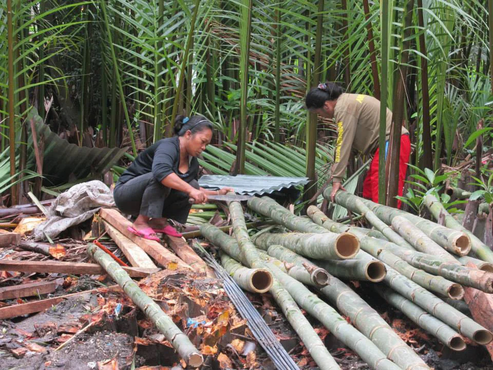 Women preparing the bamboo for construction of a new home.