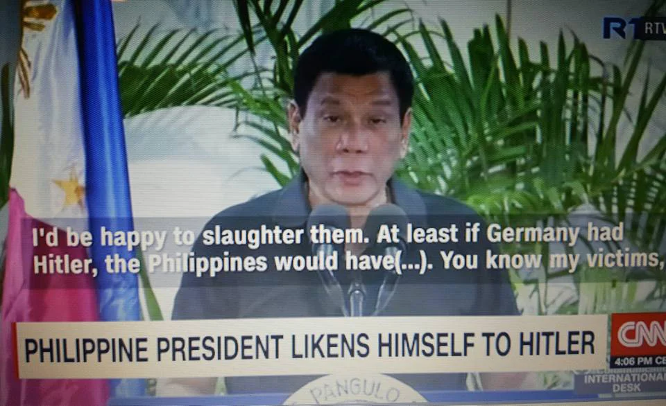 Philippine President Duterte comparing himself to Adolf Hitler did not sit well with many (Source: CNN Philippines)