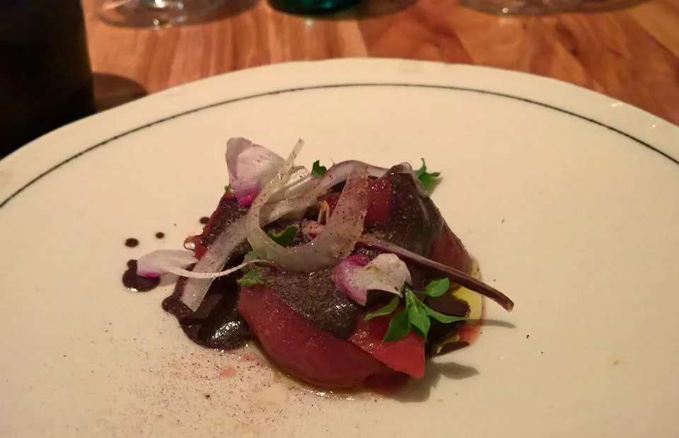 Paul Qui's Pork Blood Beets Salad with Roasted Vegetables (Photo by Jane Po)