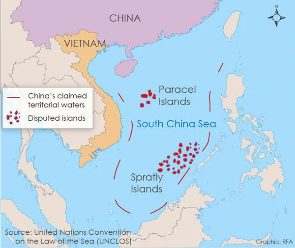 The Nine Dash Line area in the West Philippine Sea claimed by China (Source: UNCLOS, RFA)