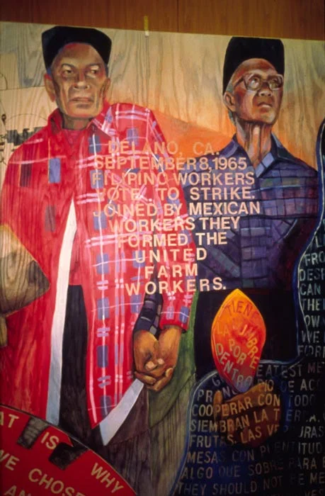 Poethig’s mural on Cesar Chavez at the Sonoma State University Information Center/ Library, features two Manongs, (detail). Stenciled in is the often-overlooked history that it was the Filipino workers of the United Farm Workers who first voted to strike on September 8, 1965. A Cesar Chavez historian that Poethig had consulted objected to this centerpiece and emailed her angrily. Over the years Poethig has received appreciative emails from Filipino American students who did not know of this hard fought history. ( Photo © Johanna Poethig)