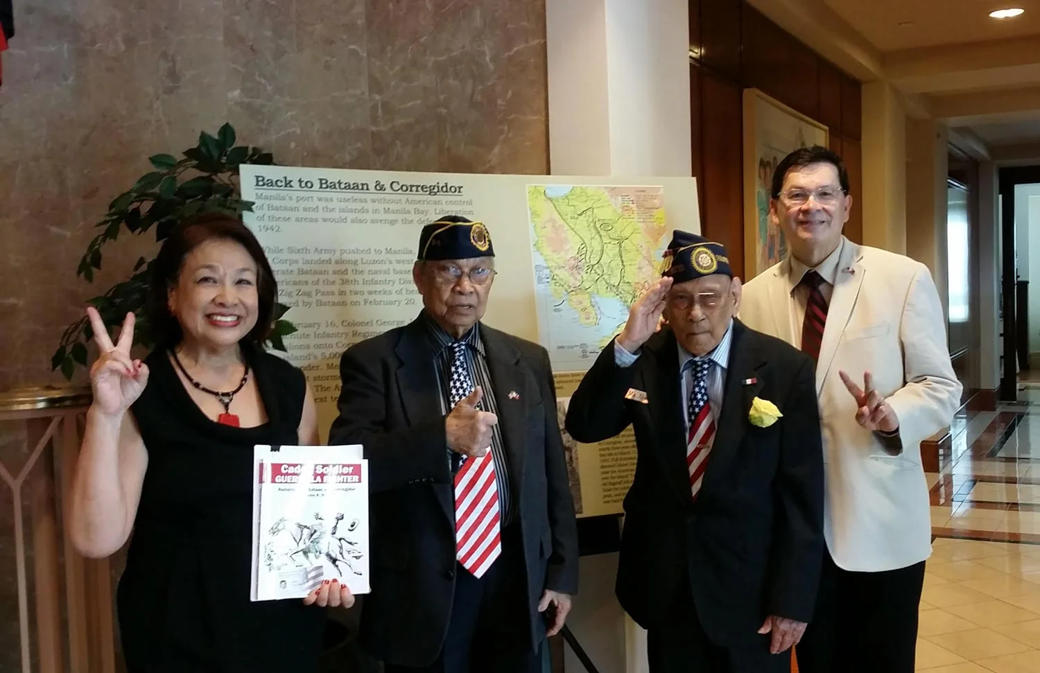 Celestino Almeda, 99, USAFFE veteran and Rudy Panaglima, 87, Recognized Filipino guerrilla who joined the resistance as a 14-year-old, attend the book launch of Cadet, Soldier, Guerrilla Fighter at the Philippine Embassy in Washington DC, with book editor Pepi Nieva, and Eric Lachica of The Filipino Veterans Recognition and Education project (FilvetsRep). Donate $20 or more to the FilvetsRep and receive a copy of "Cadet, Soldier, Guerrilla Fighter" through the month of June. Donations will help veterans receive the US Congressional Gold Medal recognizing their service. 
