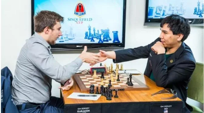 Wesley So (right) and Sergey Karjakin at the 2017 Sinquefield tournament (Source: chess.com)