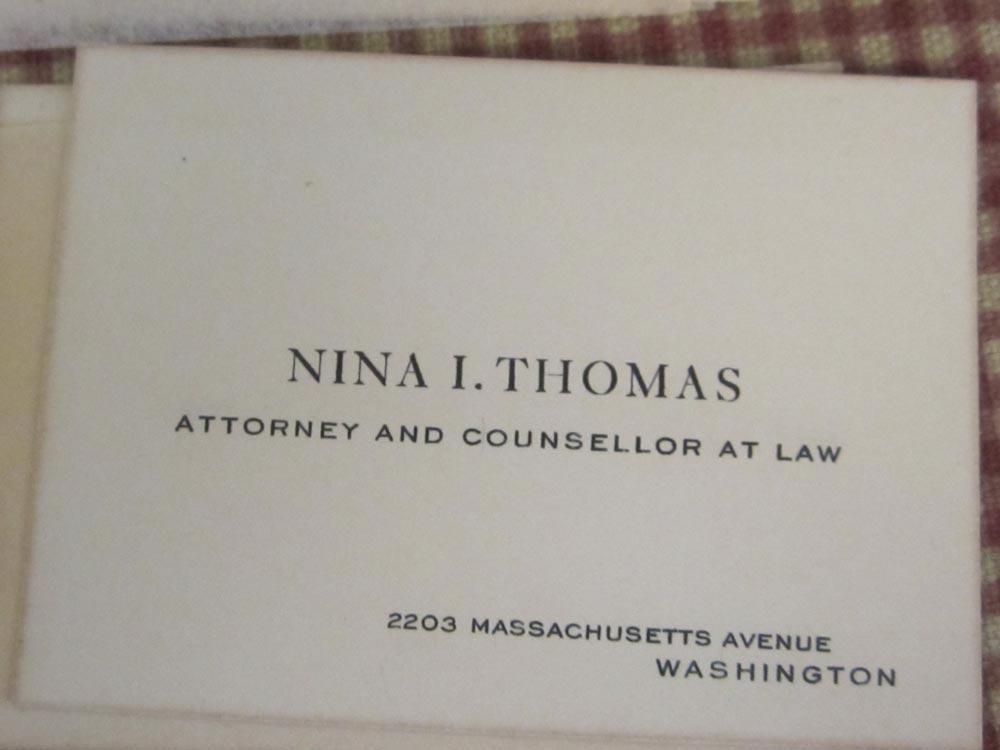 Nina Thomas' business card as an attorney (Photo by courtesy of Titchie Carandang-Tiongson and Erwin R. Tiongson.
