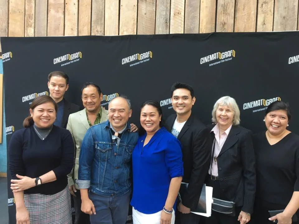 (L-R) ABS-CBN International Marketing Specialist Mimi Dayo-Arguelles; Publicist Vince Johnson; Festival and Industry Forum Adviser Corey Tong; CIFF 2017 Executive Director John-D Lazatin; Chief of Staff at CA State Board of Equalization Genevieve Jopanda; CIFF 2017 Festival Director Miguel Sevilla; President/Founder or Larsen Associates Karen Larsen; ABS-CBN International Global Marketing Head Pam Castillo at the Cinematografo International Film Festival launch and press conference at the AMC Dine-In Kabuki 8 Theaters in Japantown. (Photo courtesy of Pia Lopezbanos-Carrion)