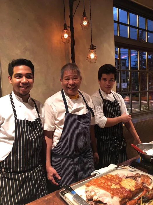 Chef Romy Dorotan (center) is the chief heart and soul of Purple Yam with his Malate Chefs Alvin Cruz (left) and Rap Cristobal (right).(Photo courtesy of Elizabeth Ann Quirino & Elpidio P. Quirino)