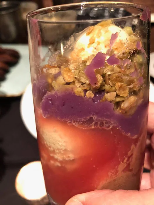 Halo-Halo: watermelon ice, halayang ube, halayang langka, tumok and bulkan bananas, pinipig. (Photo courtesy of Elizabeth Ann Quirino & Elpidio P. Quirino)
