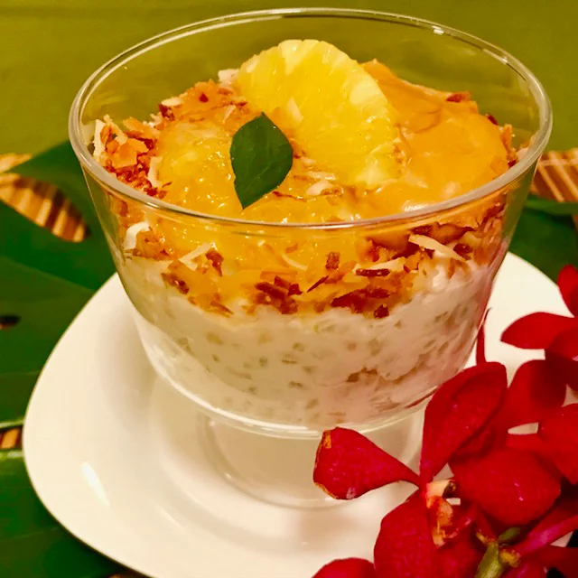 The Happy Home Cook: Rice-Tapioca Pudding with Pineapple Sauce and Coconut Jam Cream
