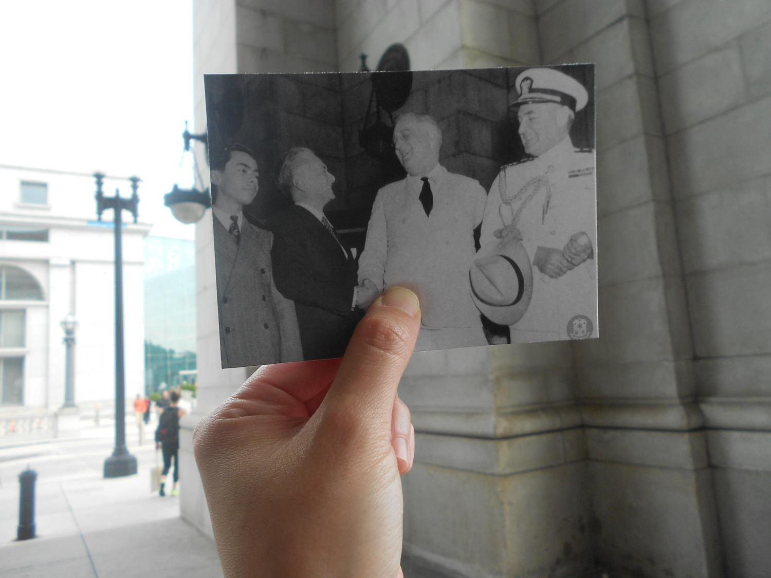 The author went to Union Station and found the same spot where Franklin D. Roosevelt welcomed Manuel L. Quezon. (Photo courtesy of Quezon Family Collection. (L-R) Manuel "Nonong" Quezon Jr., President Manuel Quezon, President Roosevelt and Capt. Joh…