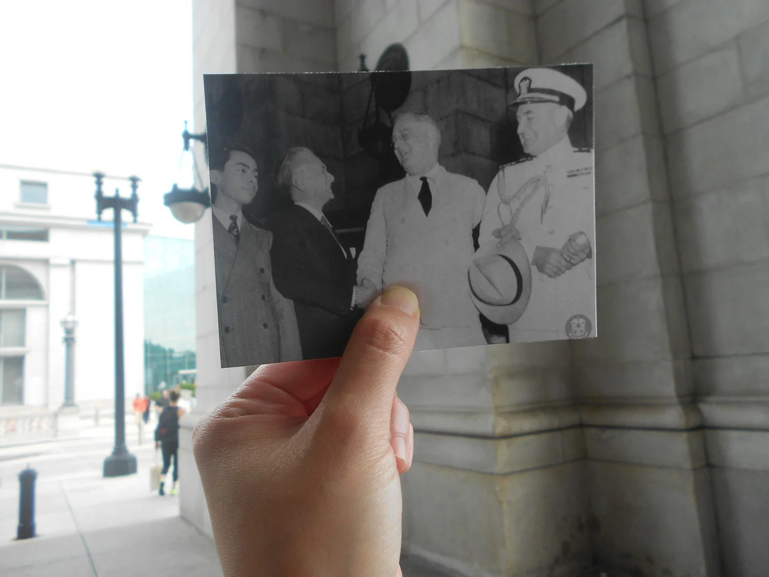 The author went to Union Station and found the same spot where Franklin D. Roosevelt welcomed Manuel L. Quezon. (Photo courtesy of Quezon Family Collection. (L-R) Manuel "Nonong" Quezon Jr., President Manuel Quezon, President Roosevelt and Capt. John McCrea) 