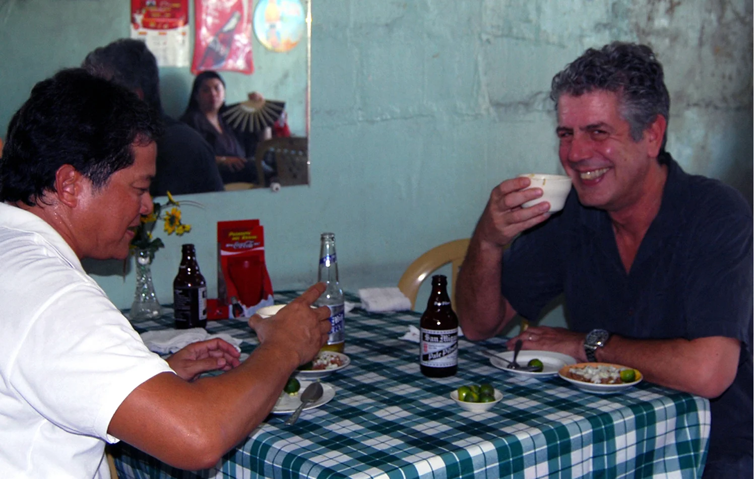 Anthony Bourdain relishing the last drop of papaitan (bitter soup with goat’s innards and bile) with the author in a goat shack in Angeles City, October 2008. (Photo courtesy of Claude Tayag)