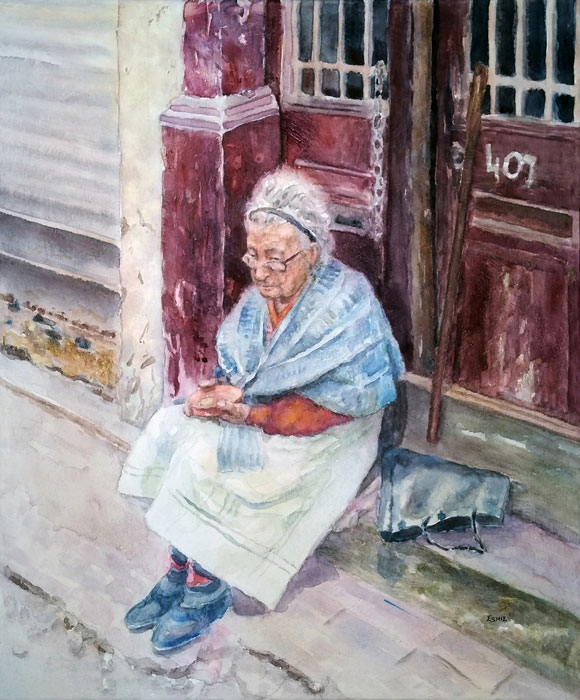 Hoping for Change, 2018, 24” x 20”, watercolor on canvas (Painting by Esmie Gayo McLaren)