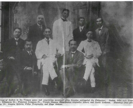 In the top row, Felipe Tempongko (second from the right) and, to his right his future brother-in-law, Dr. Joaquin Quintos (who became the husband of Demetria Tempongko, Felipe’s sister), were fellow members in the U.S.-organized consultative committee called “the Visayan peace and cooperation movement.” Other members included such dignitaries as Vicente Singson Encarnacion, Alejandro Albert and Carlos Ledesma.