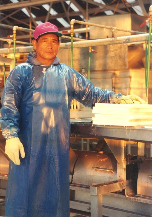 This Filipino (name unknown) worked as a "slimer." He was one of the longtime fish house workers from Delano, California. (Photo by Katherine Ringsmuth, 1988)