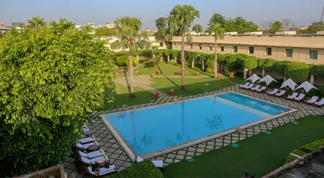 The inner courtyard of the ever so discreet Trident Hotel in Agra.