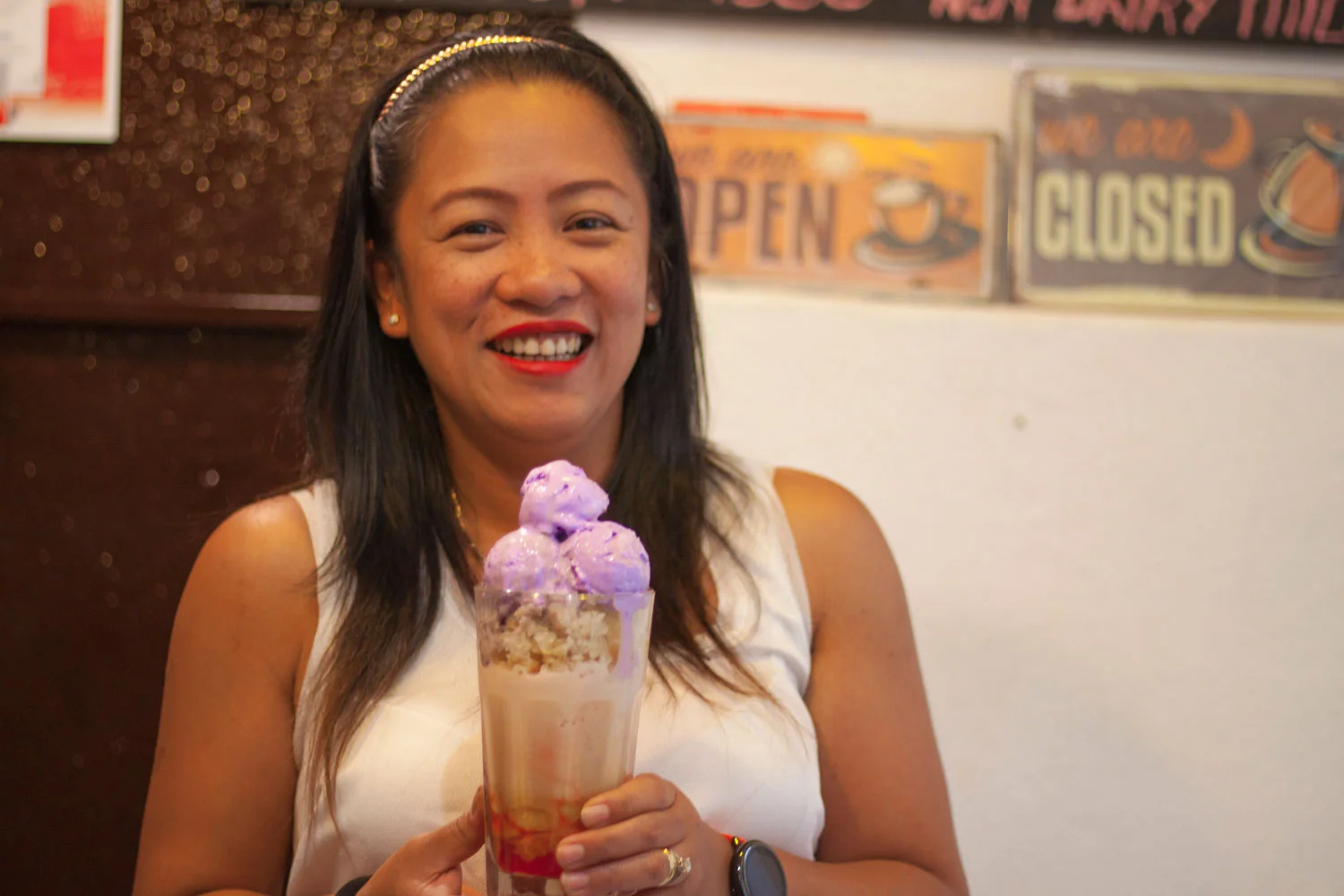 Luleyn Andres shows off her halo-halo, the only one on offer in Budapest. (Photo by Bruno Koch)